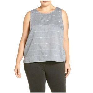 NWOT EILEEN FISHER Denim Blue Cotton Nomadic Stripe Sleeveless Shell Top XL $158